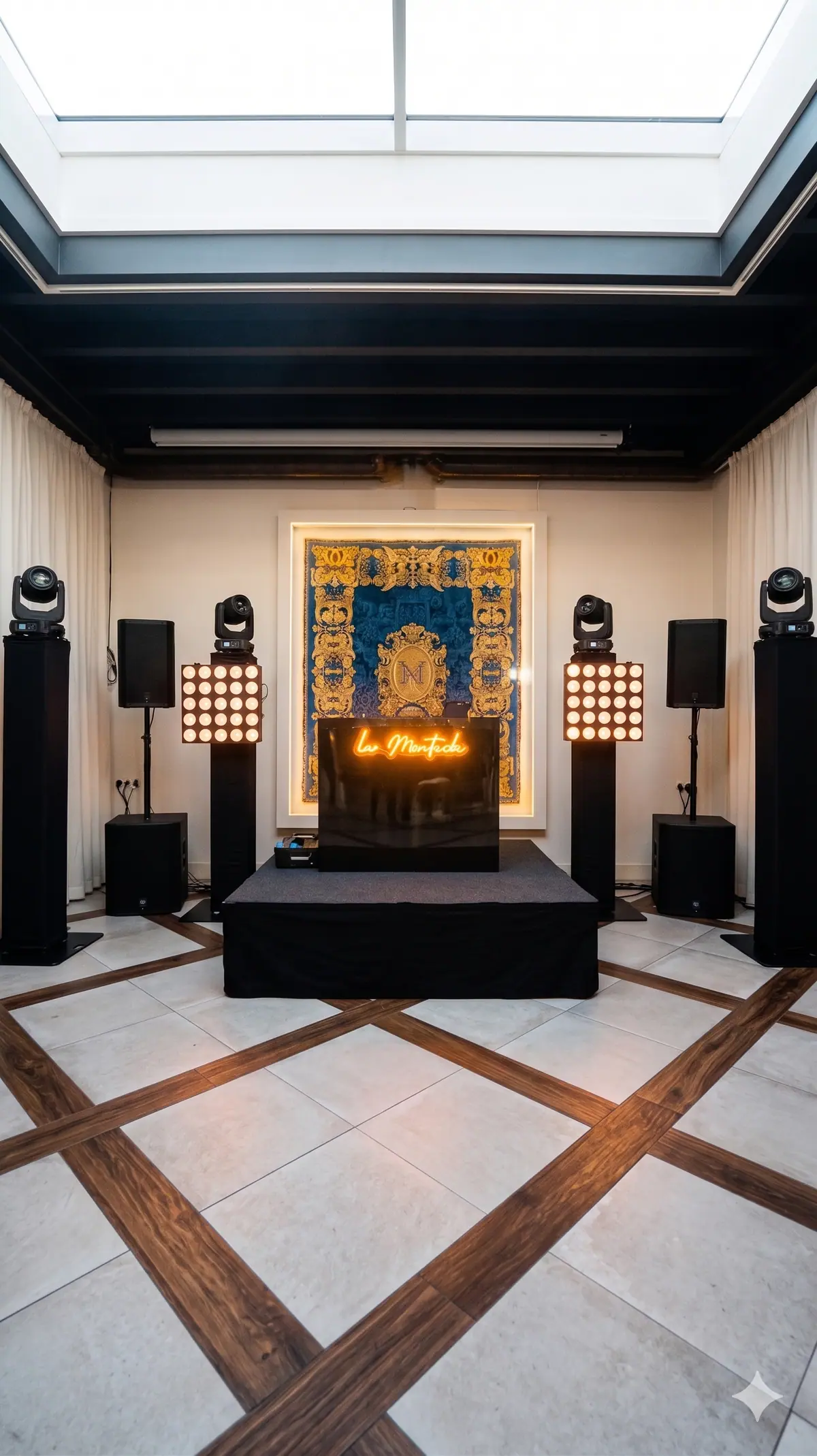 Cabina de DJ con pantallas LED y equipo de sonido profesional durante una boda